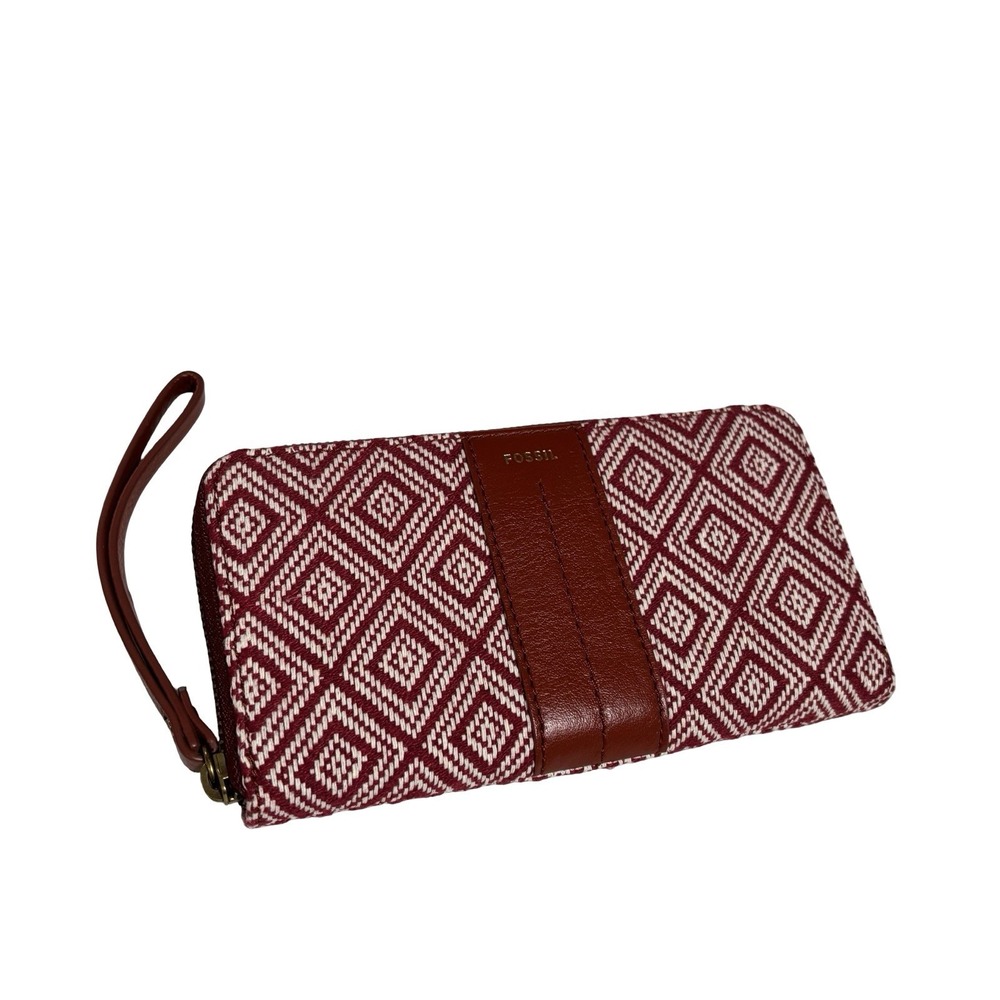 Fossil Jori Zip Clutch Wristlet RFID Wallet Leather Fabric Red White Brown EUC‎